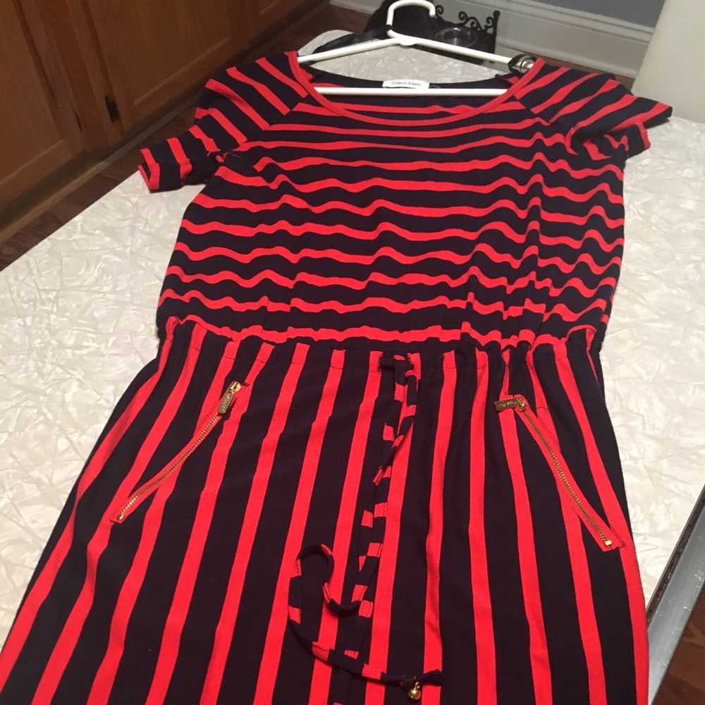 Calvin Klein Orange and navy slinky dress